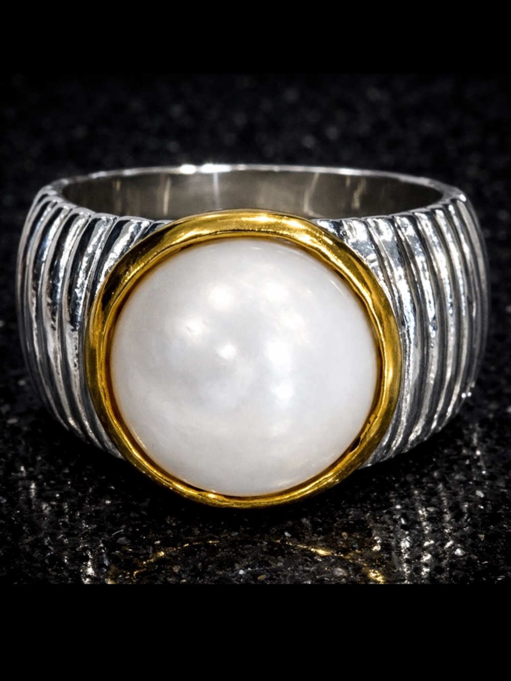 Gold silver bezel set pearl cocktail statement, ladies, jewelry band pinky ring